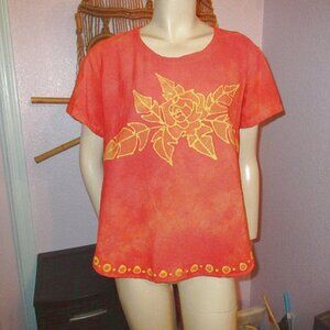 90s Vtg Grebe Batik Crinkle Gauze Top Size L Short Sleeves Artsy Hippie Boho USA